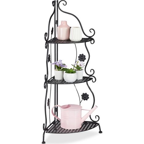 Relaxdays Metal Plant Stand, 3 Tiers, Decorative Rack, Indoor & Outdoor, HxWxD: 82.5 x 31 x 31 cm, Corner Shelf, Black (1/5)