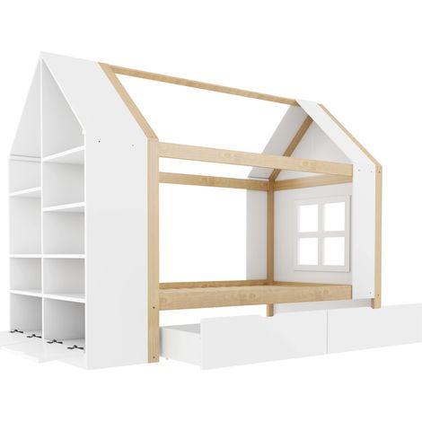 GagaLit cabane 90x200 cm, 2 tiroirs, éclairage led, blanc et bois brut (1/5)