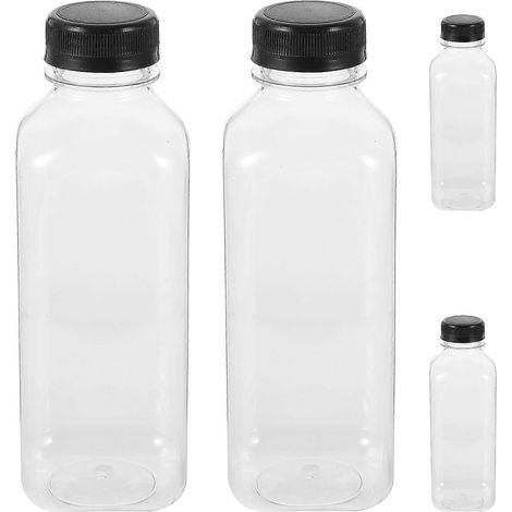 Lot de 4 bouteilles vides en plastique PET avec couvercles et bouchons pour boissons, jus et autres jus (bouchons noirs) (1/4)