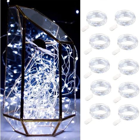 Lot de 10 guirlandes lumineuses LED à piles 1m 10 LED fil d'argent blanc froid étanche bouteille étoile guirlandes lumineuses pour décoration (1/5)