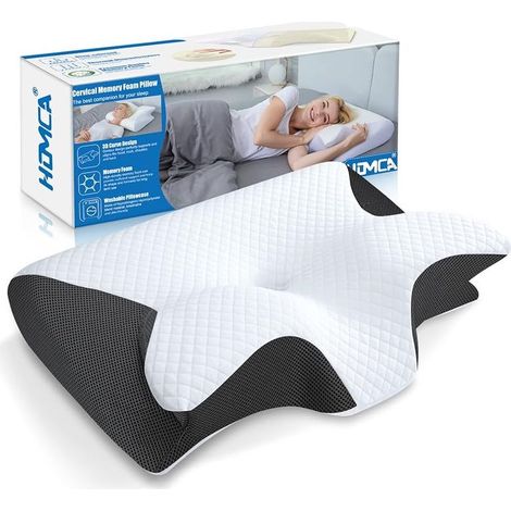 60x40x12/14cm, HOMCA Ergonomic Memory Foam Cervical Pillow, Black, 2-in-1 Neck Support for Side and Back Sleepers, Removable Washable Cover (1/5)