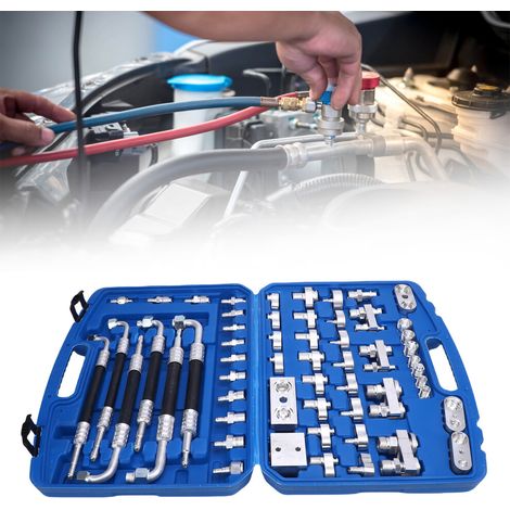 Kit de test d'étanchéité pour climatisation automobile en laiton de 56 pièces, adapté aux systèmes de climatisation des voitures, camions et véhicules.