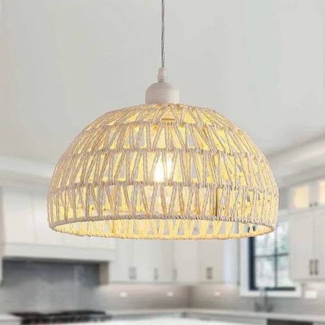 Suspension Vintage en Osier Naturel, Douille E27, Lustre Tressé pour Séjour Chambre Bureau Salle à Manger, Abat-jour Blanc (1/4)