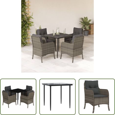 vidaXL Gartentisch -  5-tlg. Garten-Essgruppe mit Kissen Grau Poly Rattan (1/5)