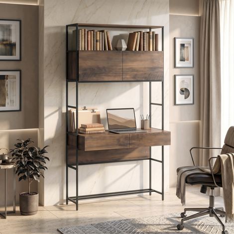 Bureau d'ordinateur avec étagères et 2 tiroirs pour bureau à domicile, hauteur 185 cm, aspect bois brun (1/5)