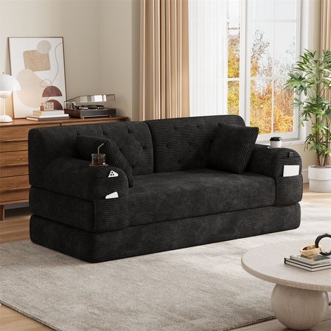 Canapé Lit Convertible 2 Places - 168x80x81cm - Banquette BZ en Velours Côtelé avec Porte-Gobelets et Poches - Noir (1/5)