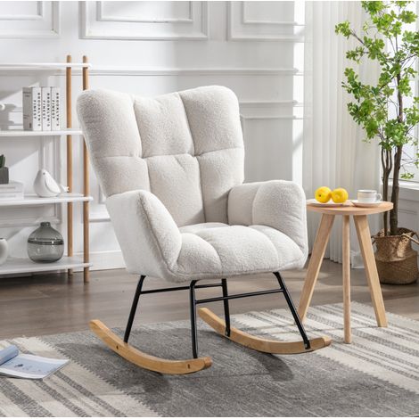 Mid-Century-Schaukelstuhl aus Teddy-Stoff, weiß, für Wohnzimmer und Schlafzimmer (1/5)