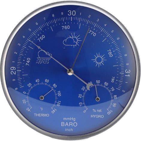 Thermomètre Baromètre Hygromètre 3 en 1 Toutes Saisons Tenture Murale Intérieur Extérieur Instrument Météo Précis Bleu 180mm