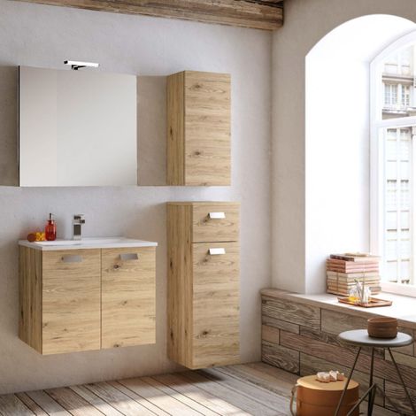 Mobile bagno sospeso 62 cm Quercia Naturale con specchio e lavabo - ANGELA2 (1/4)