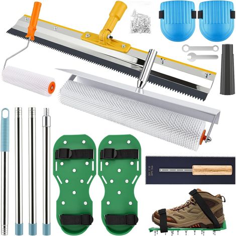 Kit D'outils de Ciment Autonivelant, Rouleau à Pointes, Raclette Crantée 56cm, Chaussures à Clous, Manche Télescopique, Outils de Nivellement Sol Époxy (1/5)