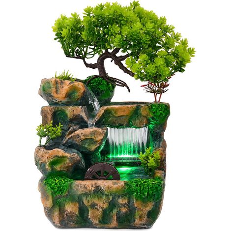 Fontaine d'intérieur de table en cascade avec lumière LED et roue Feng Shui - Fontaine d'intérieur avec humidificateur - Décoration pour salon, bureau, chambre à coucher - 18 x 15 x 30 cm (1/5)