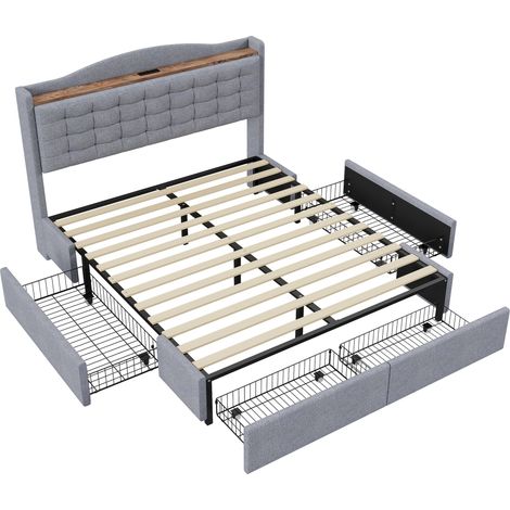 Lit rembourré 160200 cm, avec port de charge USB et étagère, lit double plat avec 4 tiroirs, tissu en lin gris (1/5)