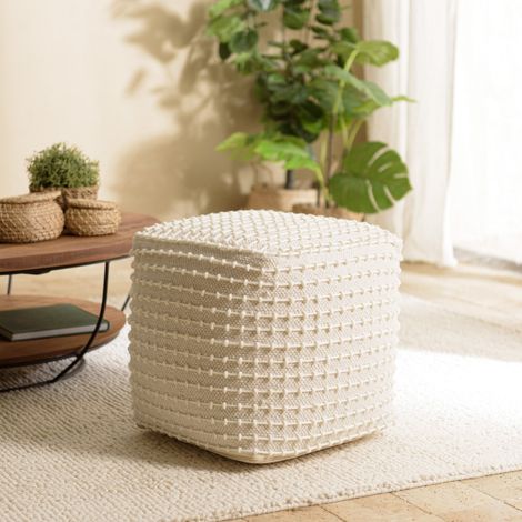 SACHA - Pouf carré en laine texturée couleur ivoire (1/5)