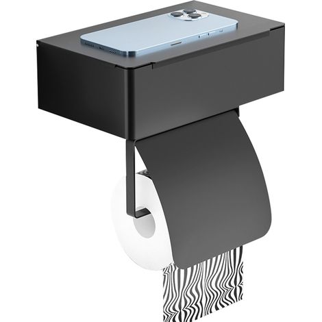 Schwarzer, wandmontierter Toilettenpapierhalter aus Edelstahl mit Ablagefach – Doppelfunktionsspender für Toilettenpapier und Feuchttücher – Einfache Montage (1/5)