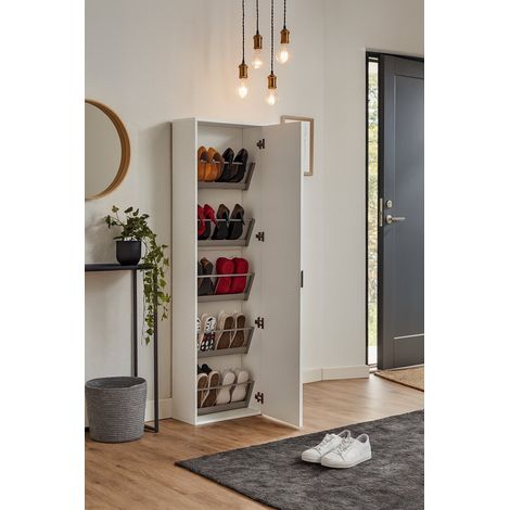 Dmora Zapatero Ciclamino, Mueble recibidor multiusos con puerta de espejo, Zapatero moderno con 5 baldas, 100% Made in Italy, Cm 50x18h178, Blanco, con embalaje reforzado (1/5)