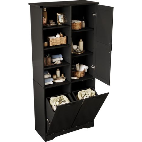 CHICFURN Meuble salle de bain noir avec vasque en céramique, colonne de rangement assortie, MDF laqué, 4 colis, 76 x 46,5 x 85,5 cm + 78 x 35 x 172 cm (1/5)