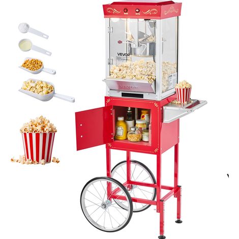 Machine à Pop Corn avec Chariot, Éclateur de Maïs 800 W, Grand Bol en Inox 0,2 kg, 48 Tasses par Lot, avec Commande à 2 Boutons, Paroi en Verre, Porte PC, Pelle Doseuse et Cuillères, Rouge (1/5)