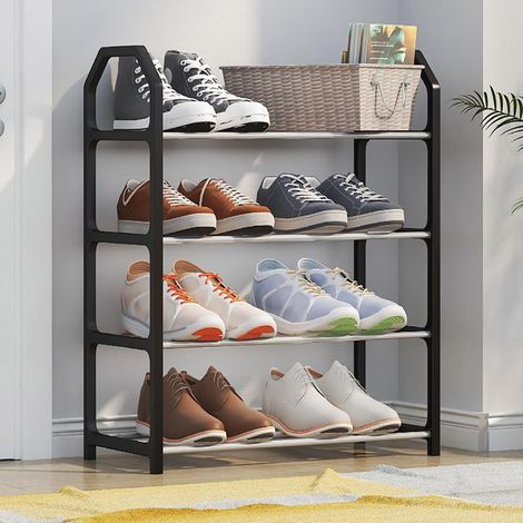 Schwarzes, 4-stöckiges Schuhregal aus Metall mit Kunststoffrahmen, Schuhaufbewahrung, Schuhablage, Schuhregal, Aufbewahrungseinheit, 41 x 18,5 x 50,5 cm (1/5)
