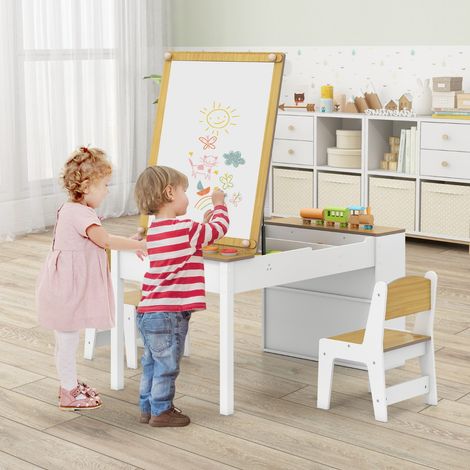 Ensemble de Table d'Art et Chaises 2-en-1 Table d'Activités avec Plateau Réglable Rouleau de Papier 6 Gobelets de Peinture Naturel (1/2)