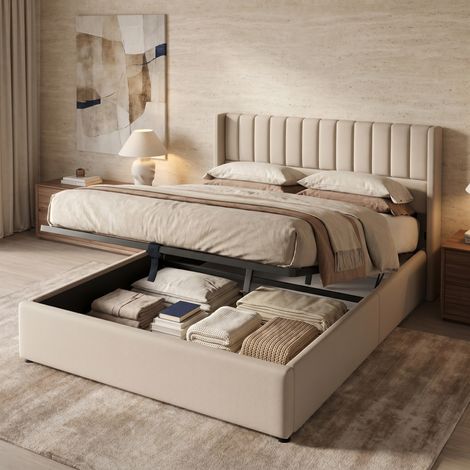 Letto matrimoniale contenitore 160x200 cm con rete sollevabile idraulica, testiera imbottita, tessuto lino beige (1/5)