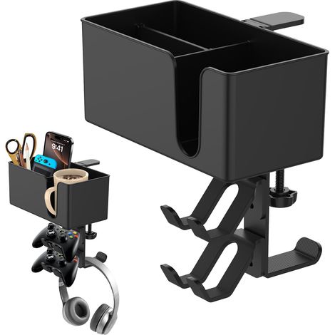 5 en 1 Porte Gobelet Bureau avec Support Casque Gamer, Porte Gobelet de Bureau Détachable, Crochet pour Casque sous Burea, Porte Tasse avec Crochet Porte Casque 360° pour Maison Bureau (1/5)