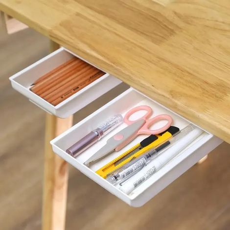 Tiroirs de bureau blancs  Tiroirs sous bureau (à coller)  Étagères de rangement et d'organisation pour bureau  Bureaux gain de place (1/3)