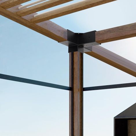 Wooden Post Connectors, 4 Way Corner Brackets with Base, Black Metal, 2 mm Thickness, for 9 x 9 cm Posts, 2 Corner Brackets and 2 Bases, Gazebo Construction (1/5)