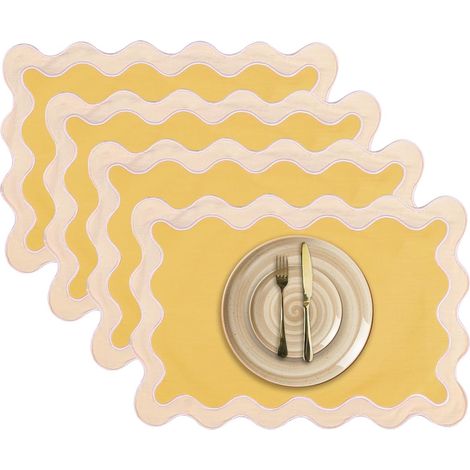 Platzset (4-teilig): 13 x 19 Zoll große Platzsets aus Baumwolle, waschbare und hitzebeständige gewebte Platzsets, bestickte, fächerförmige Platzsets im Bohème-Stil (gelb).