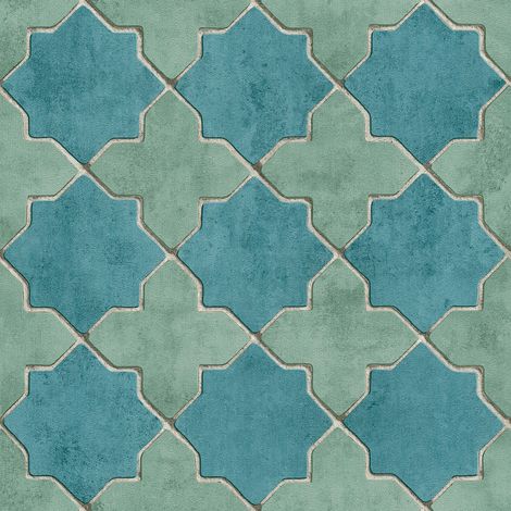 BRICOFLOR Papier peint turquoise | Papier peint style marocain | Papier peint salle de bain bleu | Papier peint carrelage vinyle intissé - 10,05 x 0,53 m (1/5)