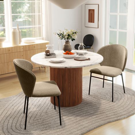 Ensemble de 2 chaises de salle à manger en acier et tissu effet lin. Assise rembourrée. Dossier incurvé. Marron clair. (1/5)