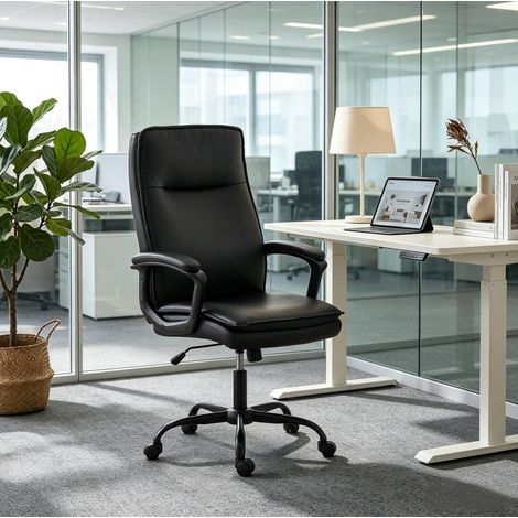 Chaise de bureau ergonomique 66x70x109-119 cm en PU noir, facile à monter pour bureau FloraGrace (1/5)