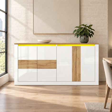Buffet 140 x 35 x 70 cm avec LED RGB, 4 portes, MDF blanc et aspect chêne OKMYHOME (1/5)