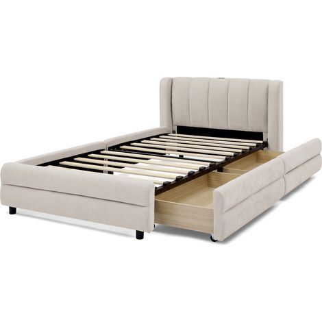 Letto singolo 90 x 200 cm con contenitori laterali, porta USB, tessuto ciniglia beige (1/5)