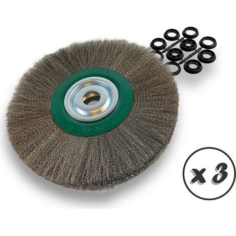 Lot de 3 brosses circulaires INOX  Ø 300 mm  Epaisseur 2 rangs  Fil souple 0.20 mm ondulé  Alésage 32 mm + réducteur bague 25/22/20/16/12 mm  Touret affûteuse ponceuse  Kibros 231302IVx3 (1/5)