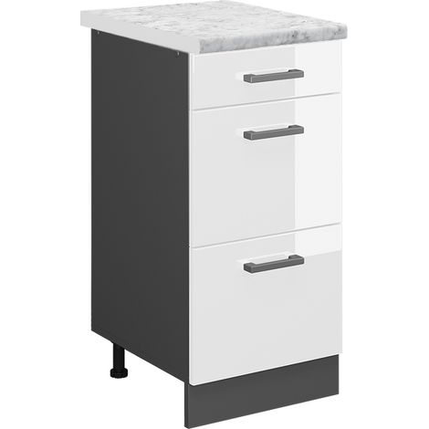 Schubladenschrank R-Line, Weiß Hochglanz, 40 cm AP Marmor, Vicco