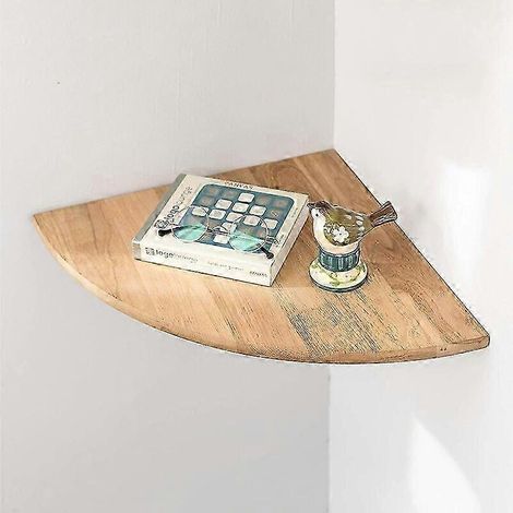 Étagère d'angle flottante rustique en chêne, finition chêne, avec extrémités arrondies, idéale pour haut-parleurs, livres, objets de décoration et salle de bain. (1/4)