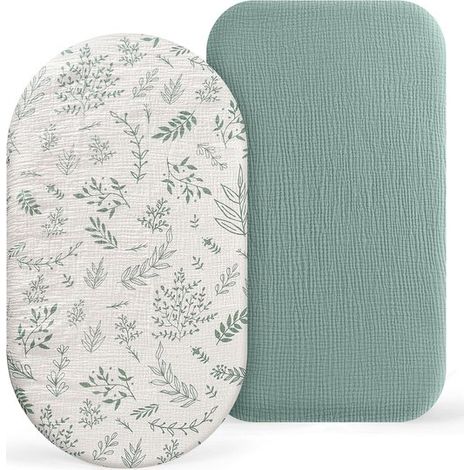 Lot de 2 draps-housses cododo pour lit bébé, 100 % mousseline de coton, pour poussette, lit parapluie et berceau, coloris crème et vert à motifs de feuilles, 82 x 41 cm (1/5)