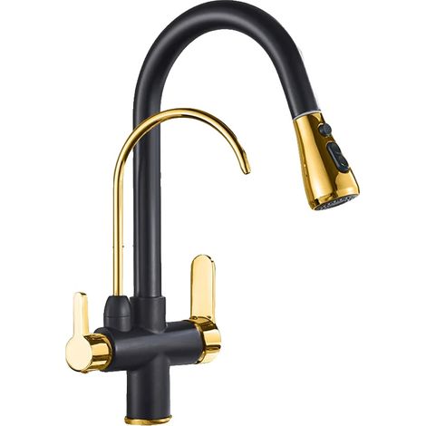 Robinet de cuisine filtré, douchette extractible, construction en laiton durable, Noir Doré (1/2)