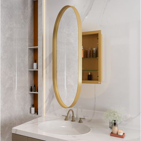 Mueble espejo ovalado para baño 85 x 51,5 x 12 cm en metal dorado DESVIAE (1/5)
