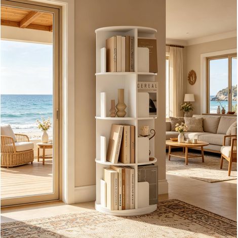 Étagère bibliothèque rotative d'angle 4 niveaux, 16 compartiments, pivotante à 360°, gain de place pour salon, chambre ou bureau, blanc - CHICFURN (1/5)