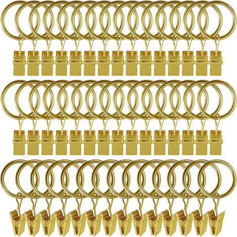 Lot de 45 anneaux de rideaux avec pinces - Dorés, pinces robustes, crochets de fixation pour tringle à rideaux, crochets décoratifs pour rideaux et cadres de fenêtres avec trou métallique. (1/5)