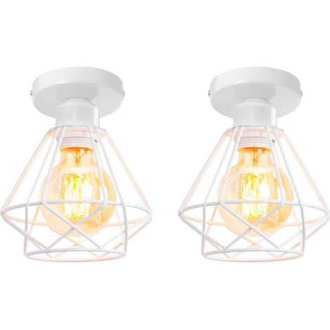 2x Moderne Plafonnier Industriel,Suspension Luminaire Vintage en Métal E27 Éclairage de Plafond Design Cage Géométrique,Blanc (1/5)