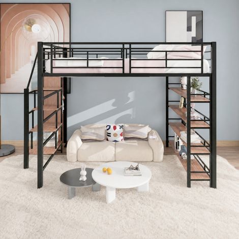 Cama alta infantil 140x200 cm de metal negro, ahorra espacio, sin colchón -FLORAGRACE (1/5)