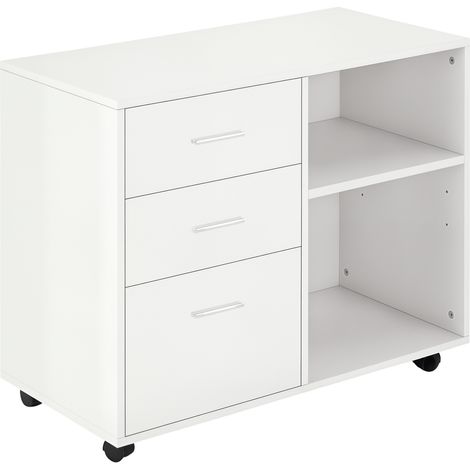 Mobiletto porta stampante autoportante da scrivania, con ruote, 3 cassetti e 2 ripiani a giorno, stile moderno, 80L x 40W x 65H cm - Bianco