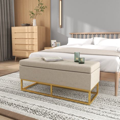2-in-1-Aufbewahrungsbank mit gepolsterter Sitzfläche und Stahlbeinen, 110 x 44 x 48 cm, beige und gold