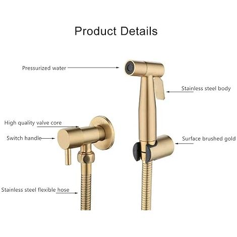 Kit De Lance WC En Acier Inoxydable 304 Sans Perforation Buse d'Appoint Chasse d'Eau WC Pulvérisateur De Bidet À Main Avec Tuyau Et Valve En t - Doré (1/5)