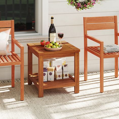 COSTWAY 2 Level Outdoor Side Table with Storage Shelf Natural Wood Finish for Garden