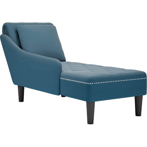 Sillón chaise longue para interior con cojín y apoyabrazos derecho en terciopelo azul botón decorativo DEC026252 (1/5)