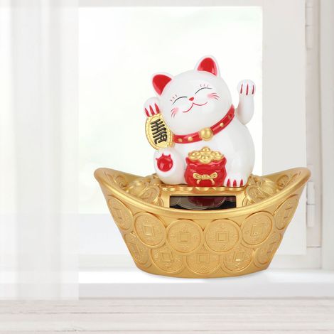 Chat porte-bonheur solaire mignon de dessin animé faisant coucou de bienvenue, décoration pour la maison, le restaurant ou le magasin (blanc). (1/5)