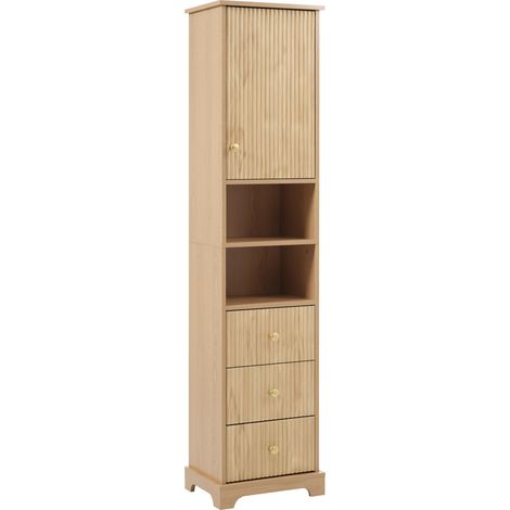 Armadio alto da bagno in MDF 40x30x172 cm colore naturale con 3 cassetti e 2 ripiani aperti (1/5)